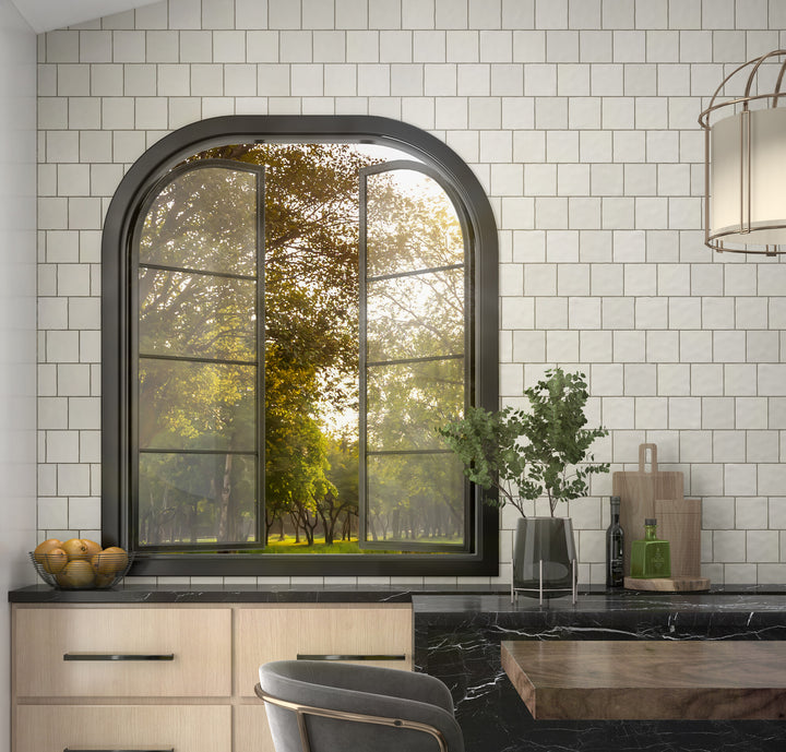 Farrier Andalusian Grey 5x5 satin glazed ceramic tile showcased in a modern interior with soft grey tones and refined surface texture.