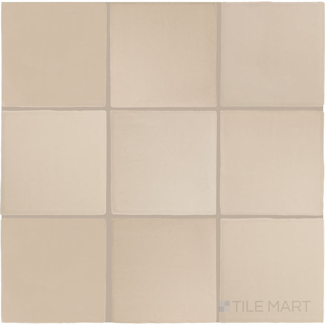 Flat-lay perspective of the Farrier Palomino 5x5 satin glazed ceramic tile, capturing its warm beige hue and soft satin sheen.