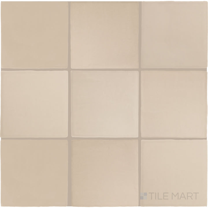 Flat-lay perspective of the Farrier Palomino 5x5 satin glazed ceramic tile, capturing its warm beige hue and soft satin sheen.