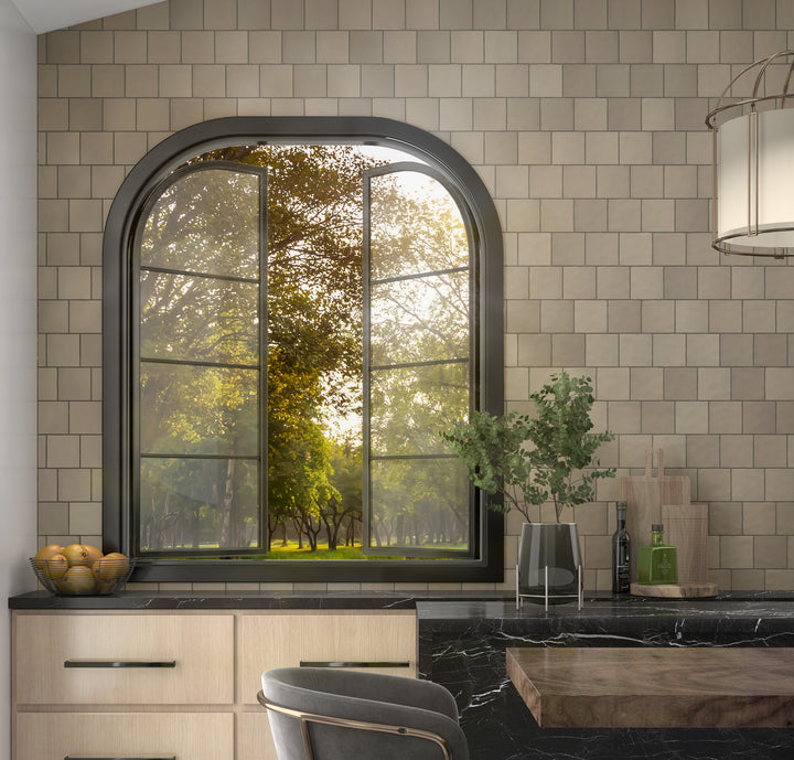 A muted neutral tone with a satin glaze creates a seamless blend of modern and classic elegance.