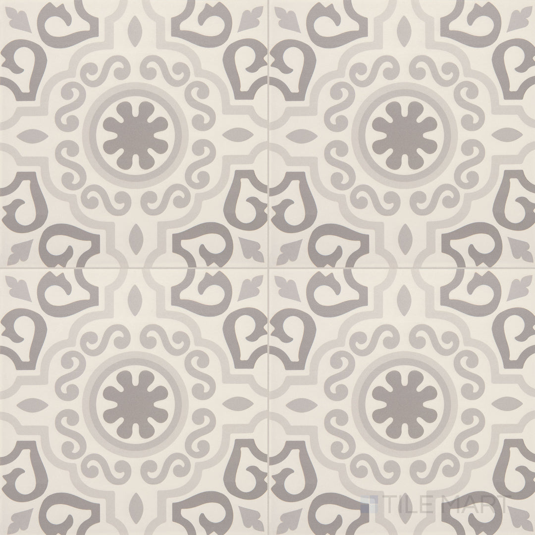 Top-down view of the Memoir Crystal Grey 12x12 matte glazed ceramic tile, displaying its soft grey shade and smooth matte surface.