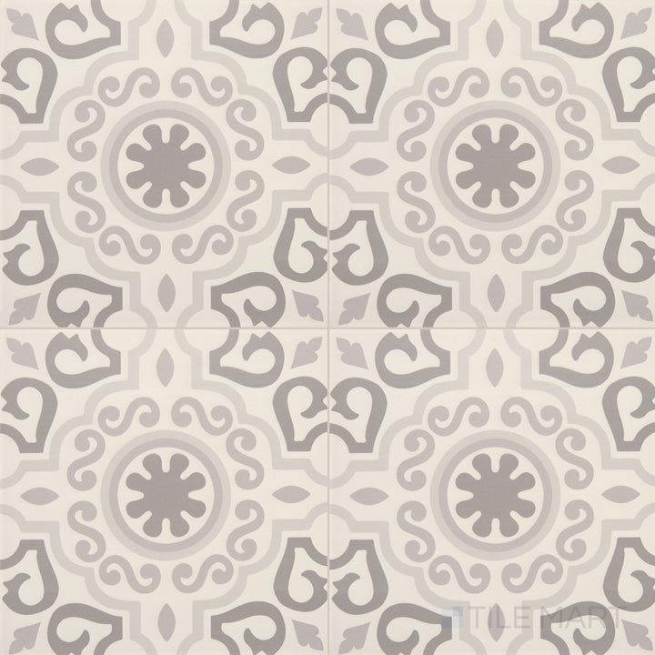 Top-down view of the Memoir Crystal Grey 12x12 matte glazed ceramic tile, displaying its soft grey shade and smooth matte surface.