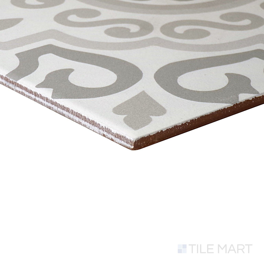 Corner shot of Memoir Crystal Grey 12X12 Matte Glazed Ceramic Tile, showcasing its soft grey hues with a smooth matte finish and subtle texture.