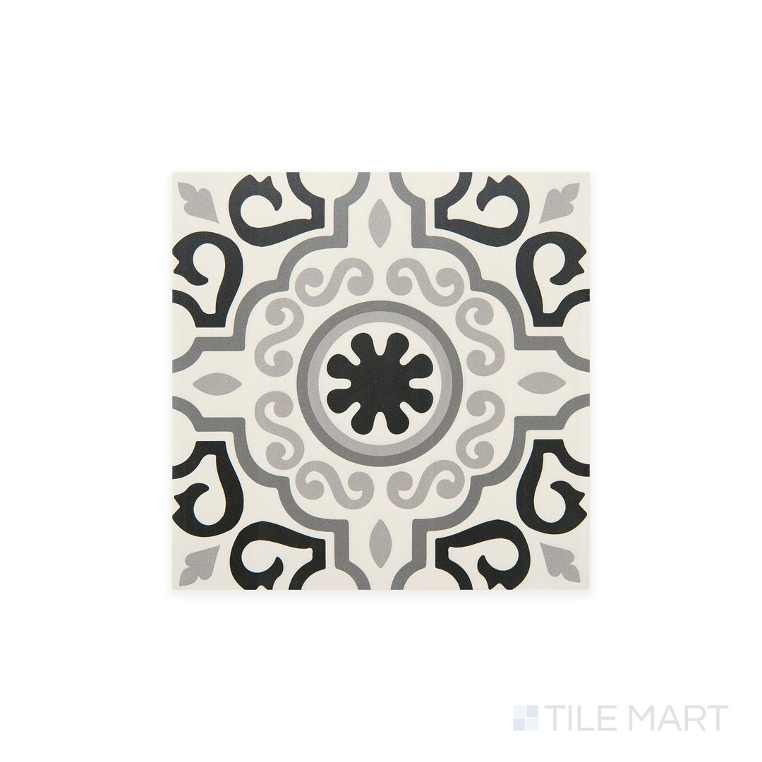 Diagonal view of Memoir Crystal Black 12x12 matte glazed ceramic tile, showcasing its deep black tone, refined matte surface, and contemporary square format.  