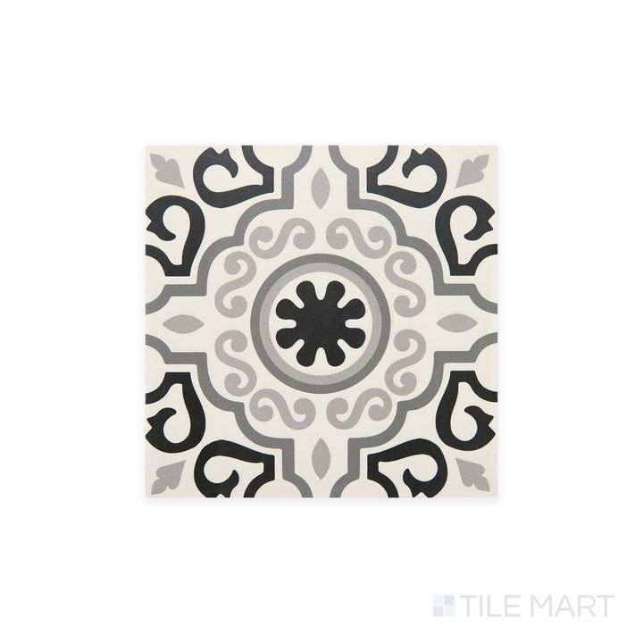 Diagonal view of Memoir Crystal Black 12x12 matte glazed ceramic tile, showcasing its deep black tone, refined matte surface, and contemporary square format.  