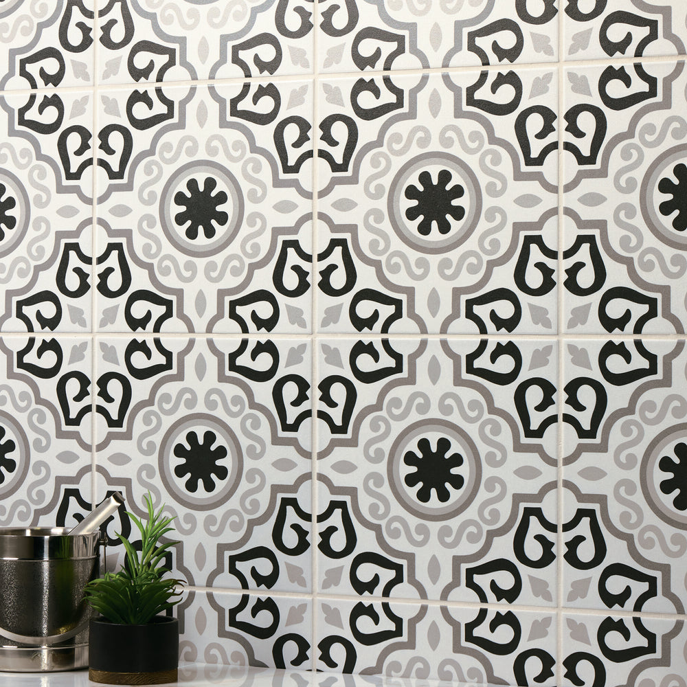 Roomscene featuring Memoir Crystal Black 12X12 Matte Glazed Ceramic, offering a sleek, refined surface with deep black undertones.