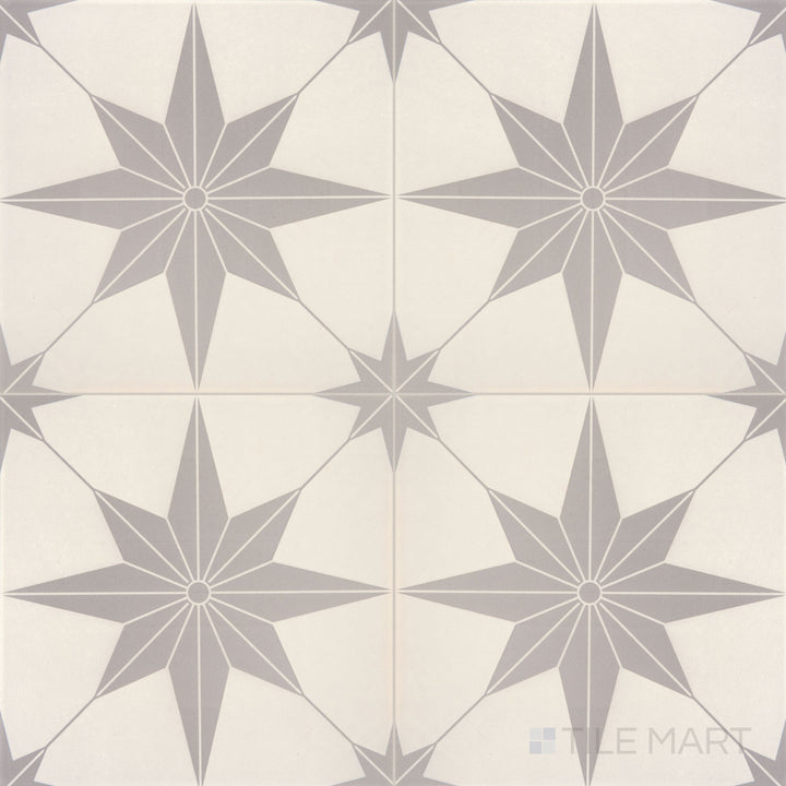 Aerial view of the Memoir Jewel Grey 12x12 matte glazed ceramic tile, highlighting its muted grey tones and refined matte texture.