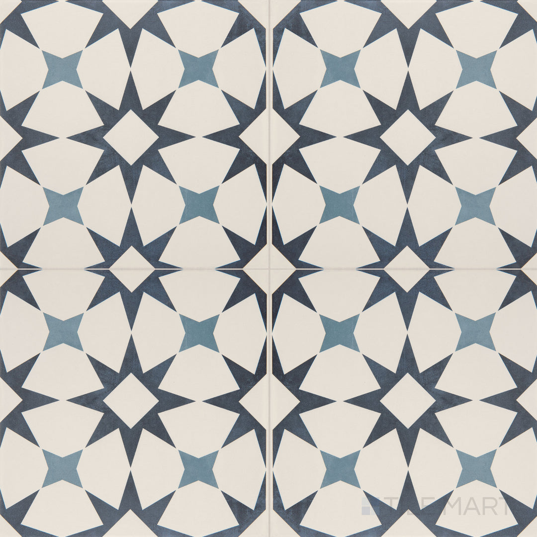 Top-down angle of the Memoir Cosmo Blue 12x12 matte glazed ceramic tile, featuring its rich blue hue and smooth matte glaze.