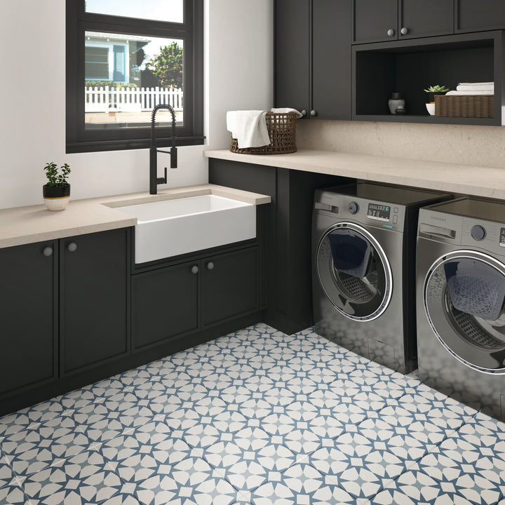 Featured in an interior environment, the Memoir Cosmo Blue 12x12 matte glazed ceramic tile introduces subtle color with a smooth matte surface