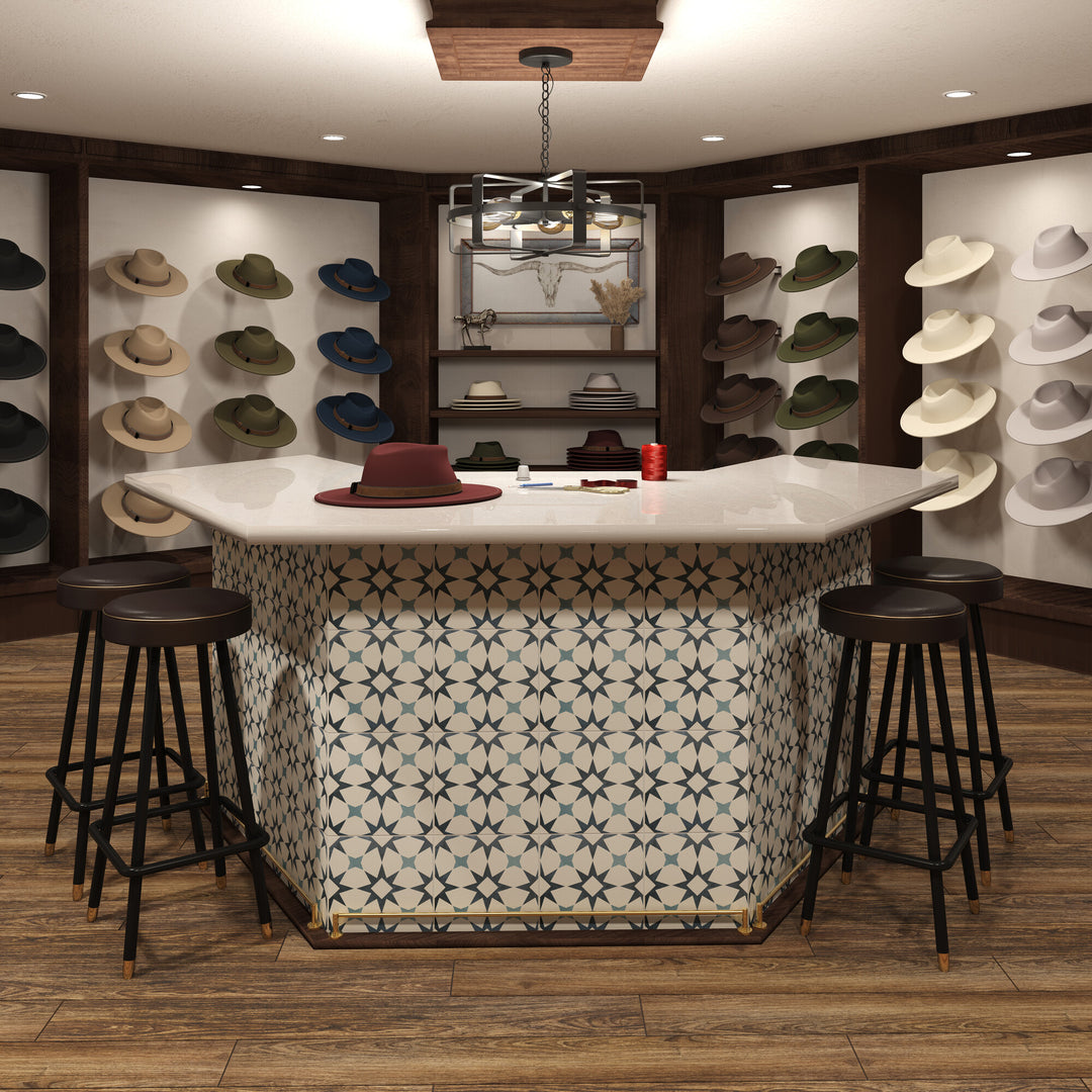 Memoir Cosmo Blue 12x12 matte glazed ceramic tile shown in a decorative space, showcasing its vibrant blue color and contemporary matte texture.