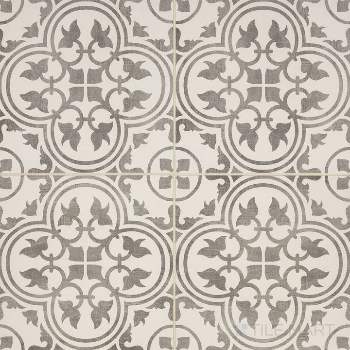 Overhead perspective of the Memoir Petal Grey 12x12 matte glazed ceramic tile, capturing its warm grey tone and elegant matte texture.