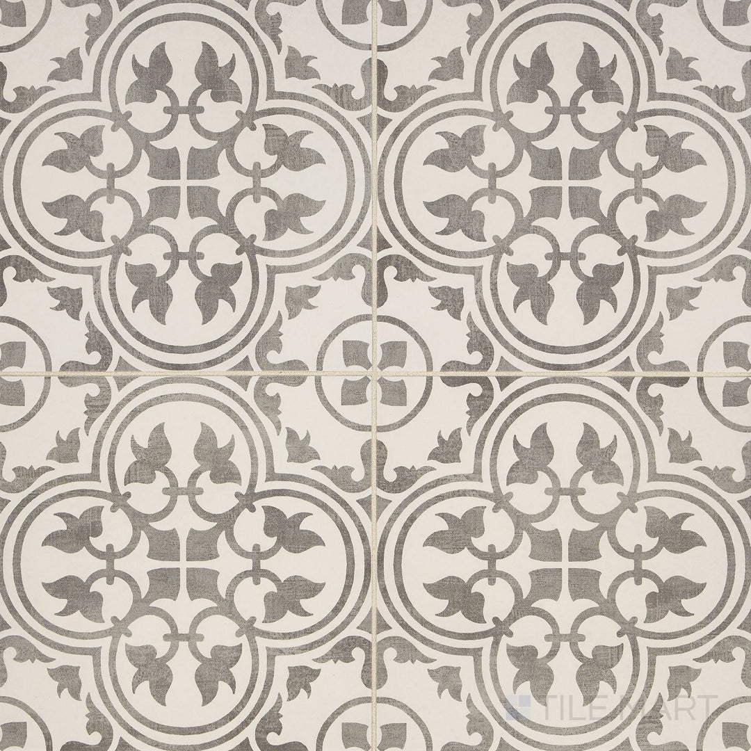 Overhead perspective of the Memoir Petal Grey 12x12 matte glazed ceramic tile, capturing its warm grey tone and elegant matte texture.