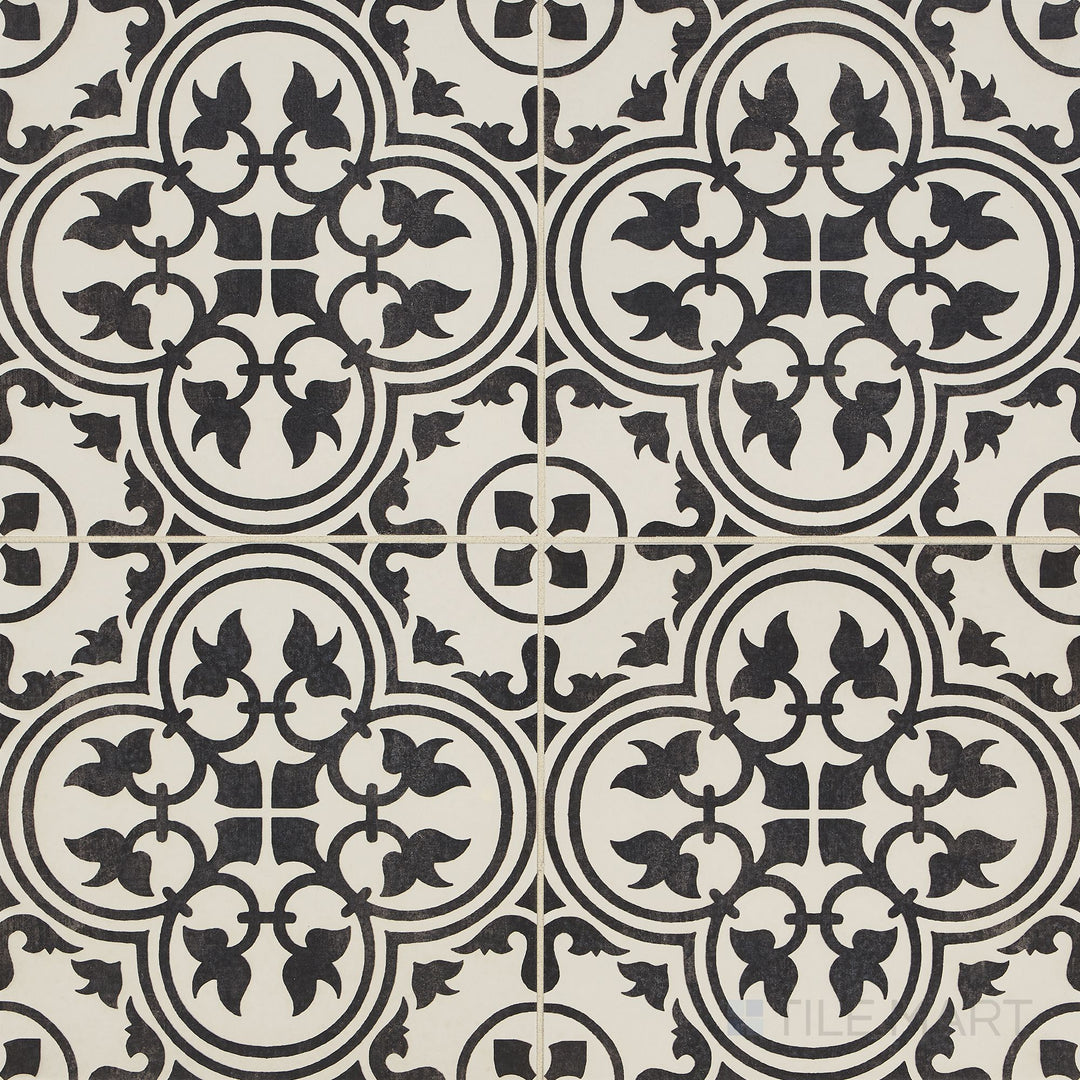 Flat-lay shot of the Memoir Petal Black 12x12 matte glazed ceramic tile, highlighting its deep black shade and soft matte finish.