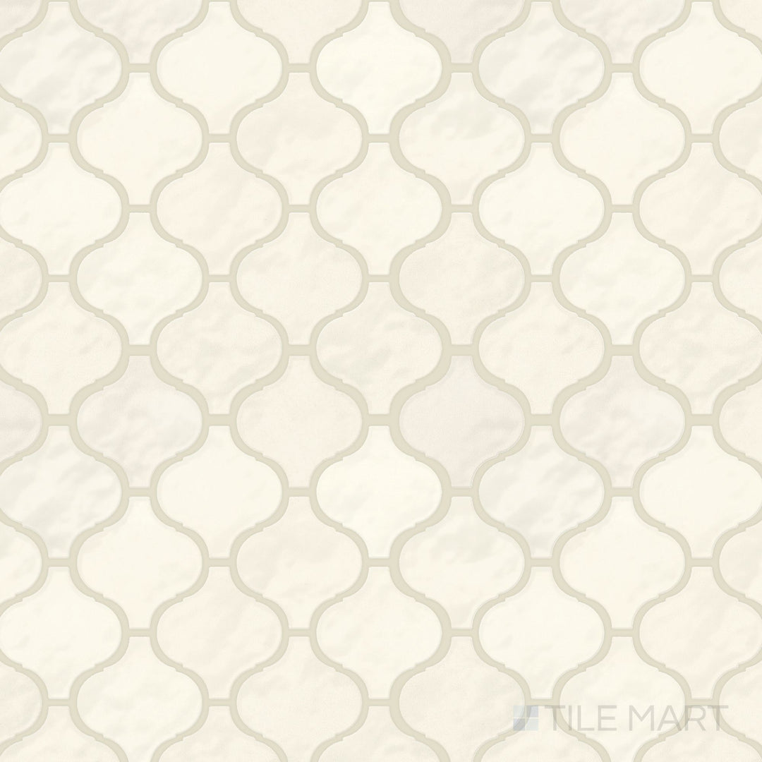 Top-down view of the Mesmerist Spirit Arabesque glossy glazed ceramic mosaic, showcasing its intricate arabesque pattern and reflective glossy finish.