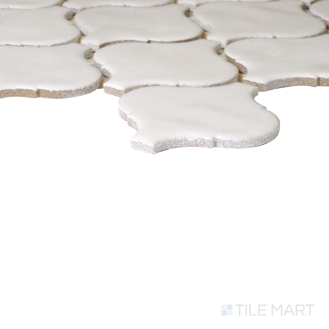 Corner angle of Mesmerist Spirit Arabesque Glossy Glazed Ceramic Mosaic, emphasizing its intricate arabesque pattern with a luminous glossy glaze.