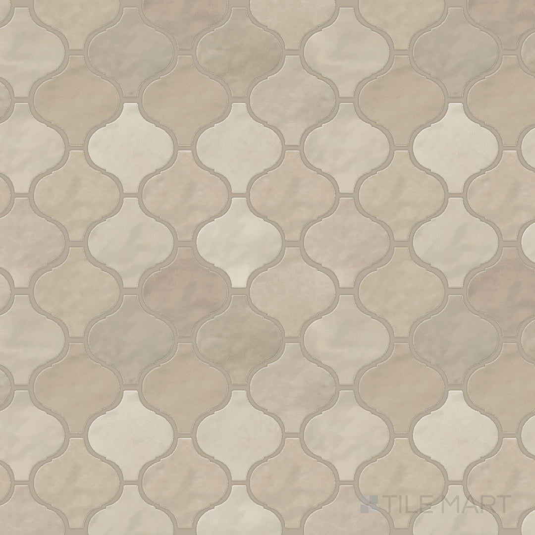 Overhead shot of the Mesmerist Trance Arabesque glossy glazed ceramic mosaic, highlighting its elegant curves and smooth, high-shine glaze.