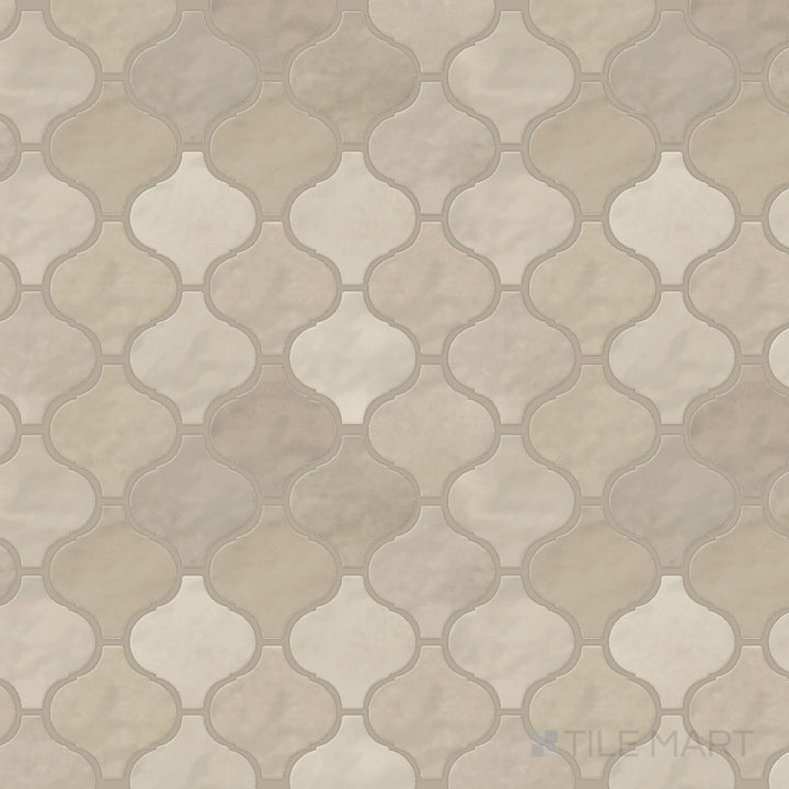 Overhead shot of the Mesmerist Trance Arabesque glossy glazed ceramic mosaic, highlighting its elegant curves and smooth, high-shine glaze.