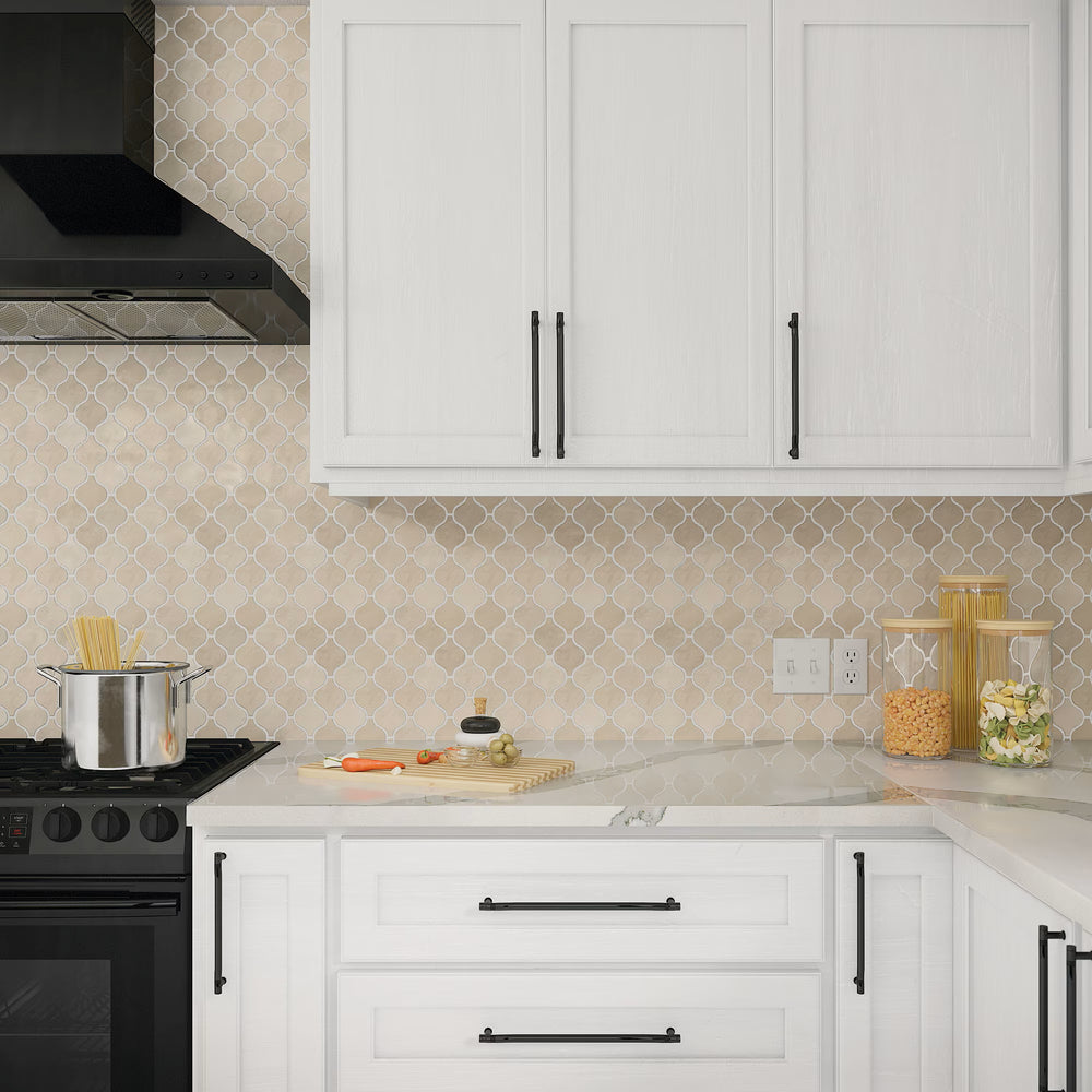 Roomscene with Mesmerist Trance Arabesque Glossy Glazed Ceramic Mosaic, delivering captivating curves and elegant details.