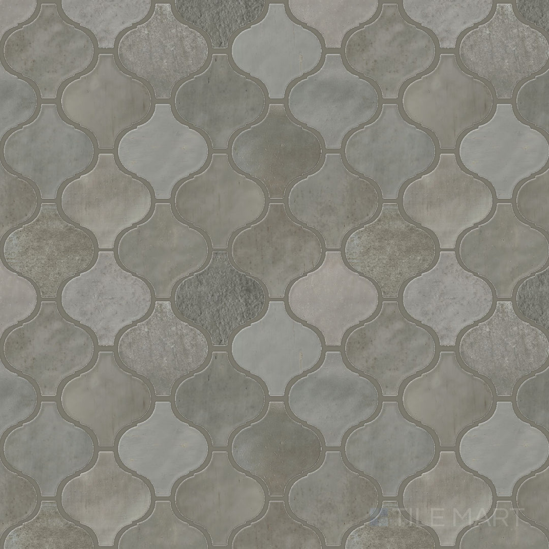 Aerial perspective of the Mesmerist Charm Arabesque glossy glazed ceramic mosaic, featuring its ornamental design and glossy ceramic surface.