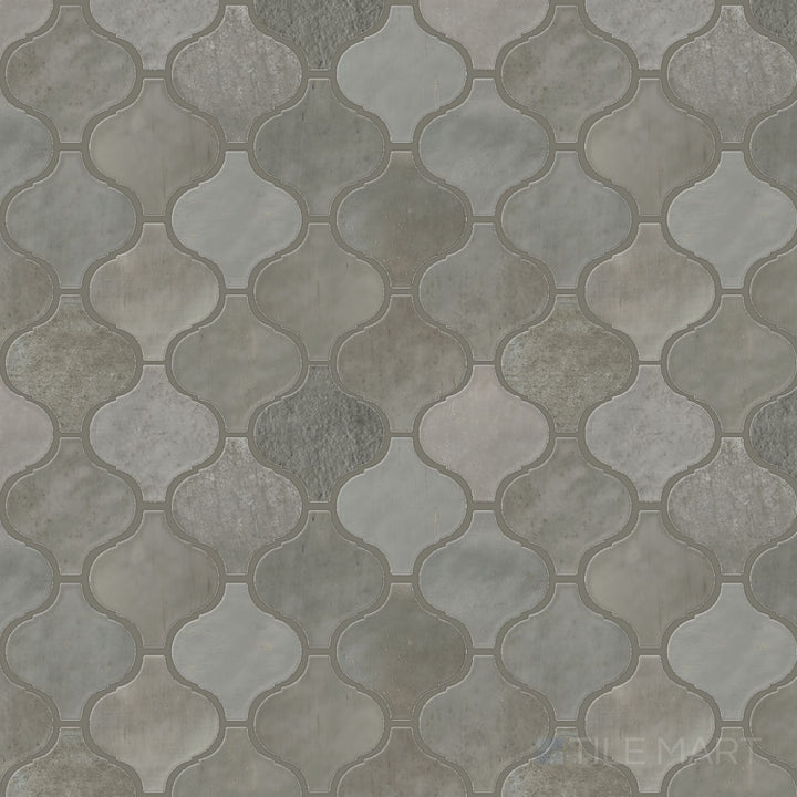 Aerial perspective of the Mesmerist Charm Arabesque glossy glazed ceramic mosaic, featuring its ornamental design and glossy ceramic surface.