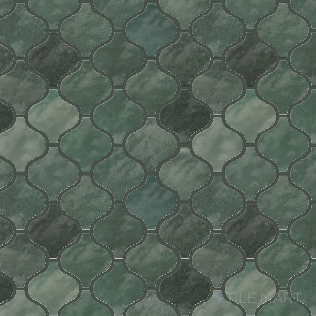 Full product view of the Mesmerist Allure arabesque mosaic tile in glossy glazed ceramic with an elegant decorative pattern