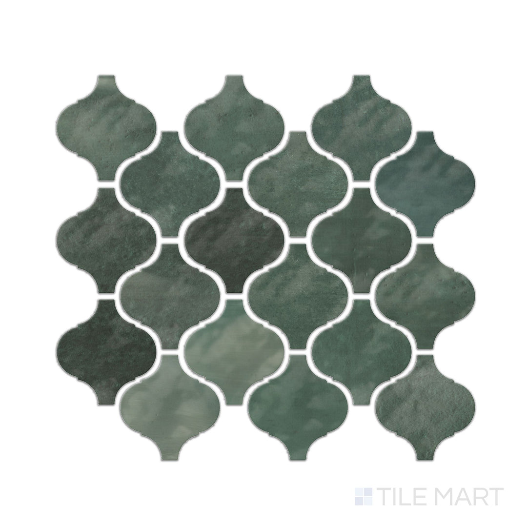 A top-down view of the Mesmerist Allure Arabesque glossy glazed ceramic mosaic tile highlights its intricate arabesque pattern with a lustrous finish, adding a touch of elegance to any space.