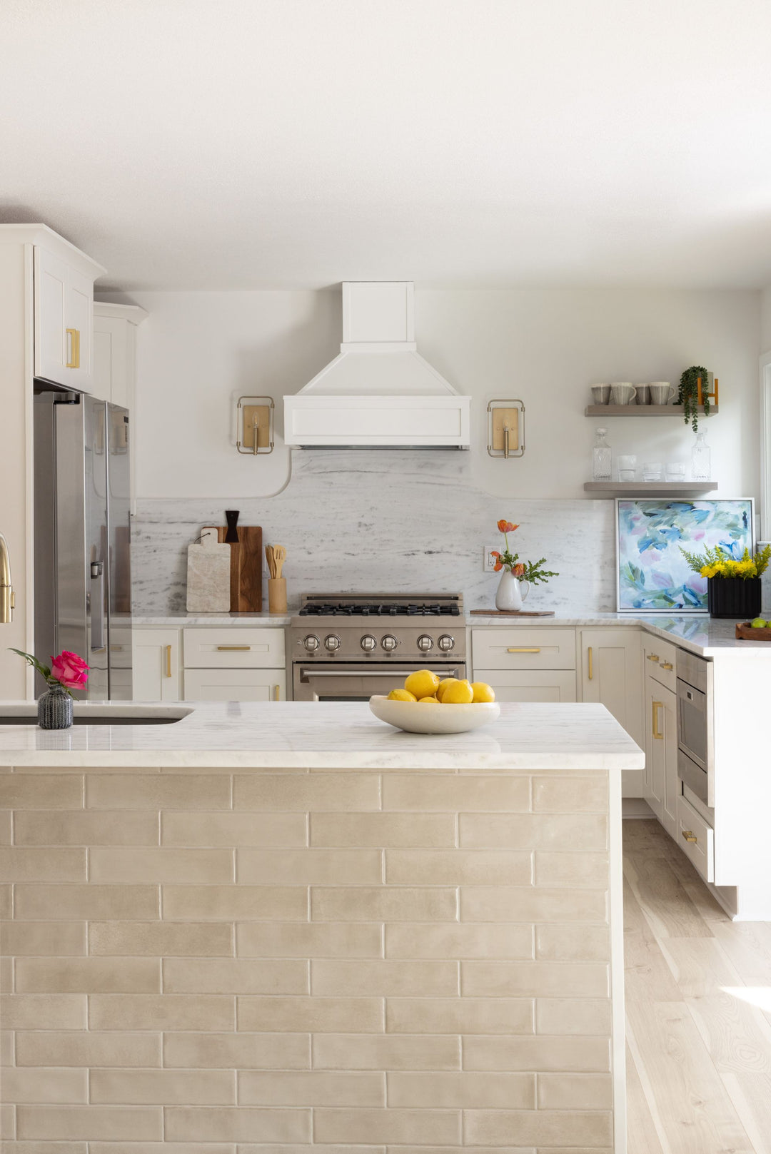 Shown in a finished space, the Mesmerist Trance 3x12 glossy glazed ceramic tile creates visual movement with a polished, modern feel