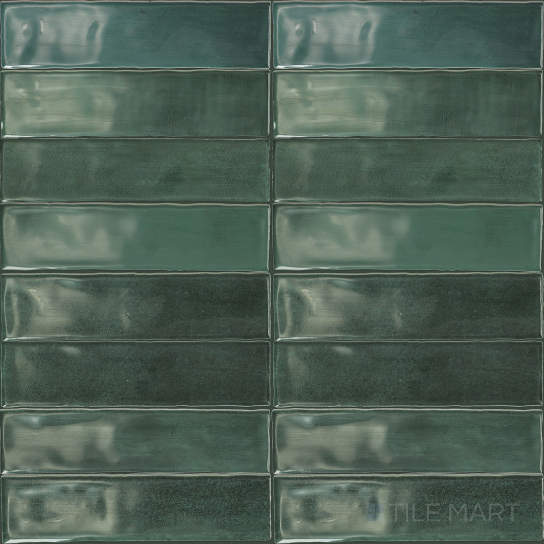 A flat-lay view of Mesmerist Allure 3x12 glossy glazed ceramic tiles, emphasizing their high-gloss finish and polished look.