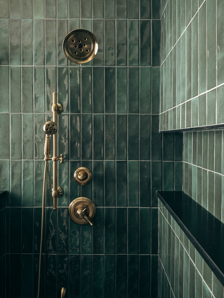 Mesmerist Allure 3x12 glossy glazed ceramic tile shown in a modern layout, emphasizing its vibrant gloss and linear elegance.