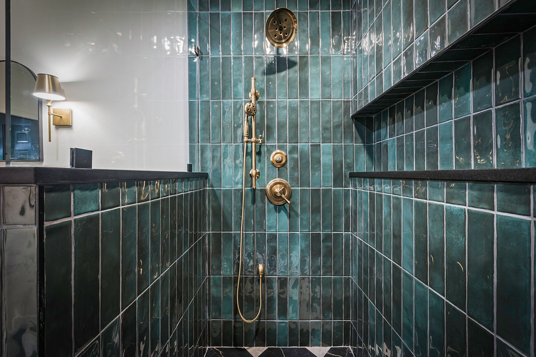 Roomscene of Mesmerist Allure 3x12 glossy glazed ceramic tile presenting a sleek, glossy surface with a linear form for a polished contemporary look.