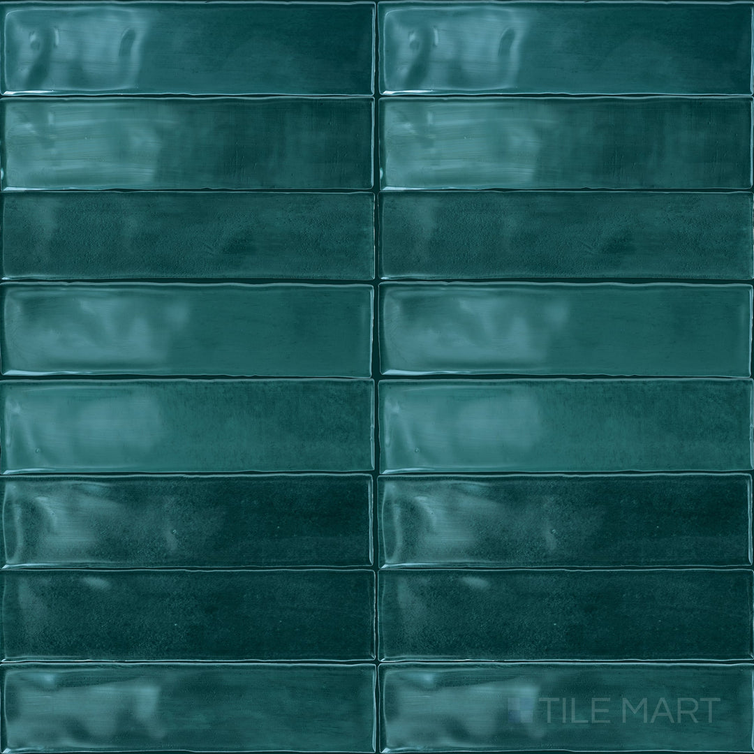 A full view of Mesmerist Mystique 3x12 glossy glazed ceramic tiles, capturing their deep tones and lustrous shine.