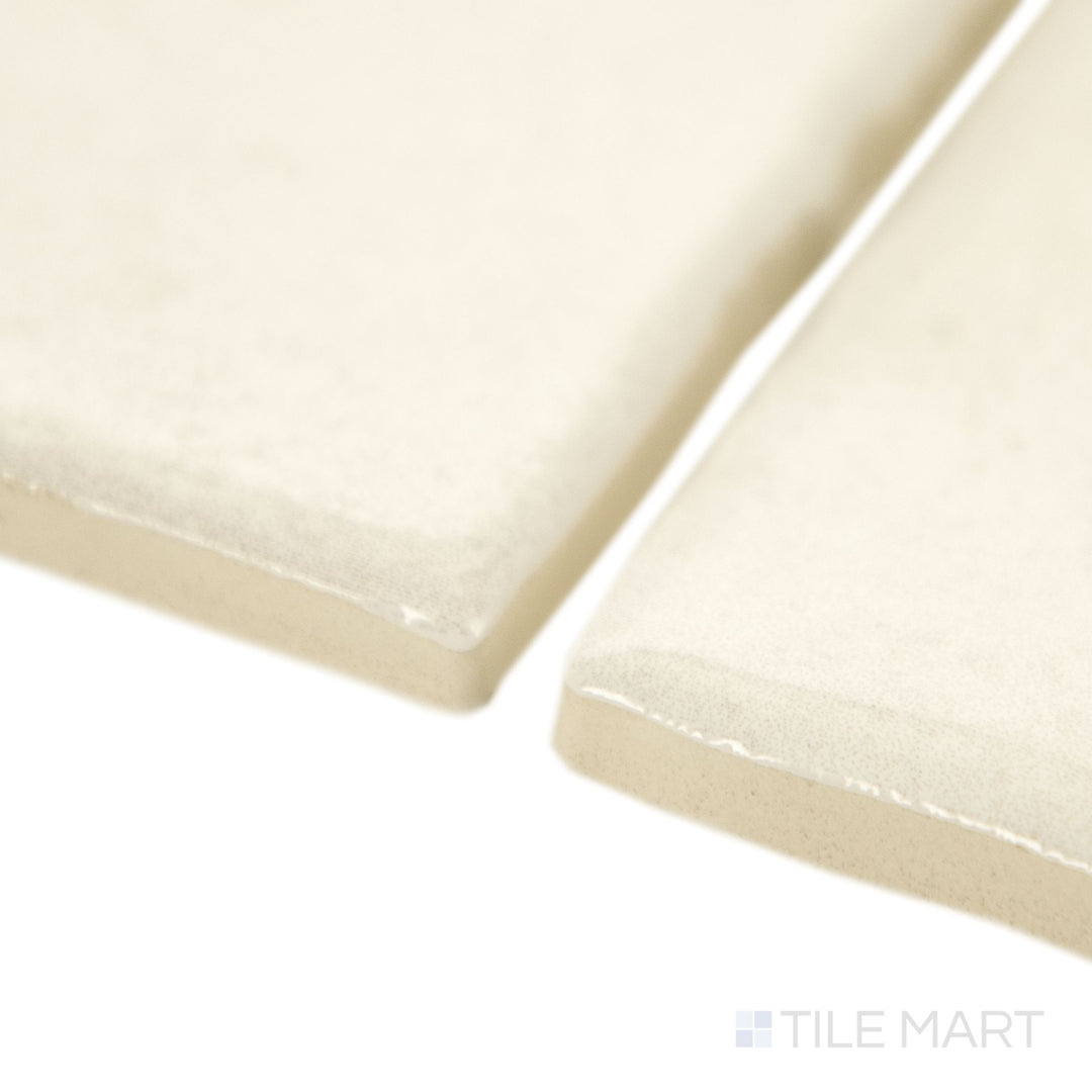 Captured at a corner angle, the Mesmerist Spirit 3x6 glossy glazed ceramic tile reveals its luminous surface and crisp layout with modern clarity.