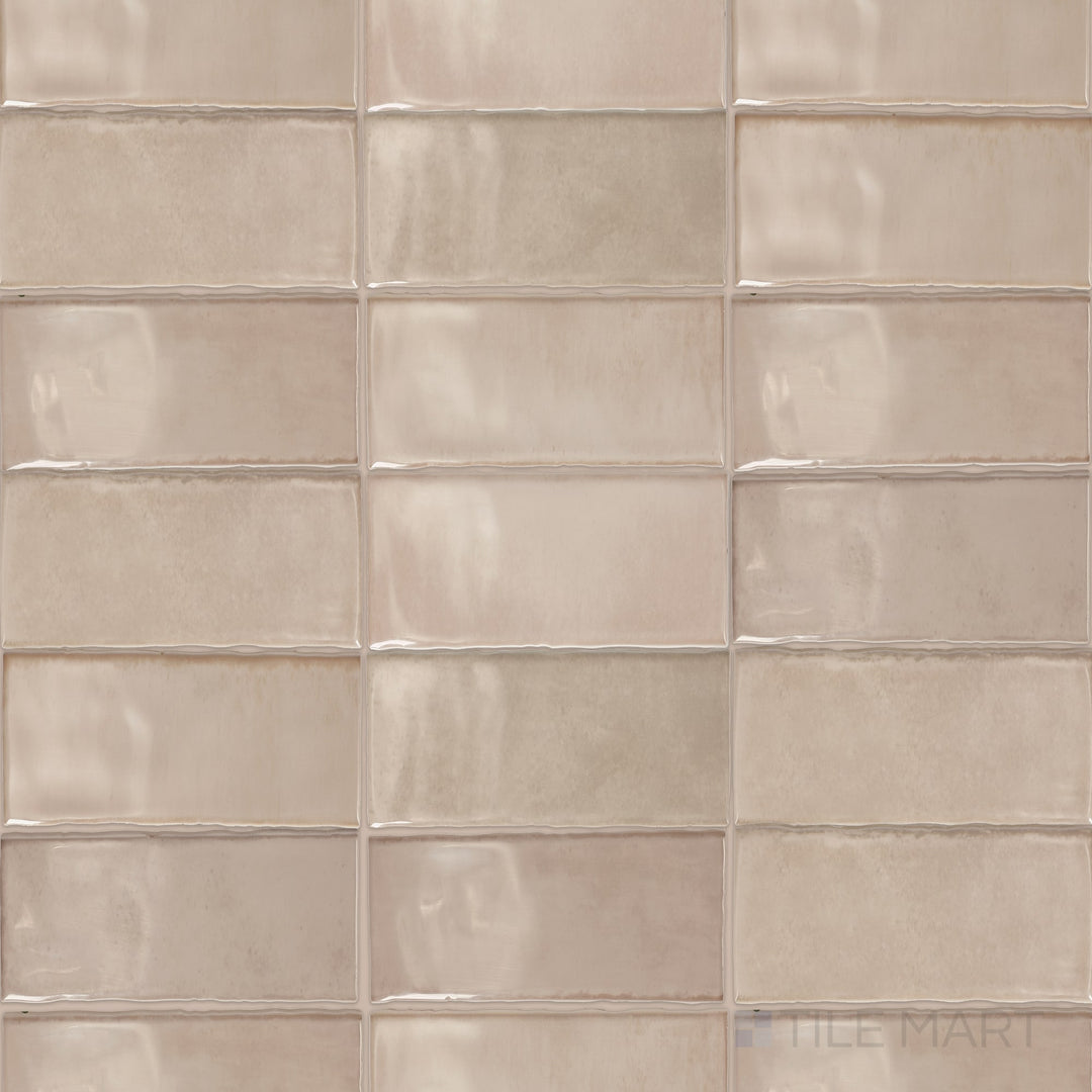 Top-down angle of the Mesmerist Trance 3x6 glossy glazed ceramic tile, highlighting its rich color and lustrous surface.