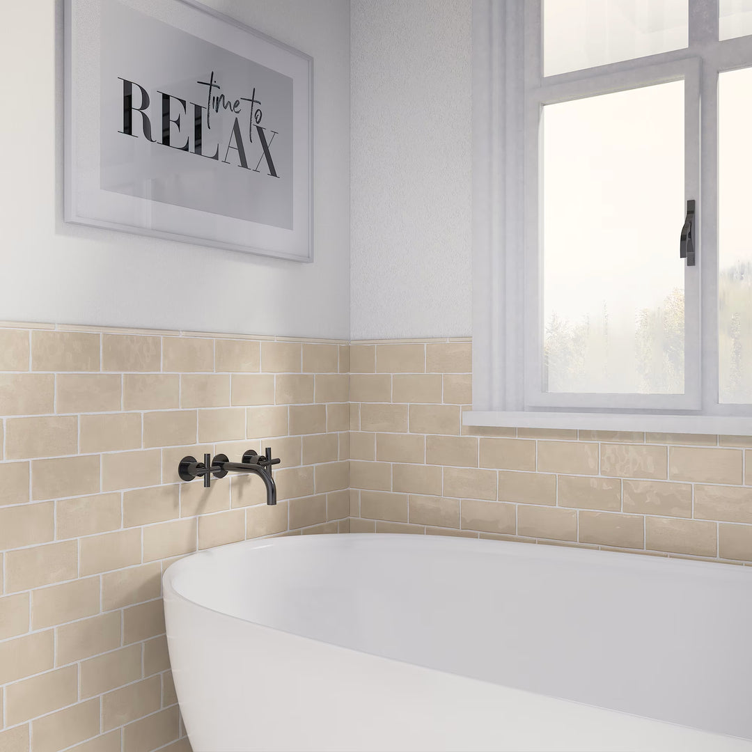 A compact 3x6 format with a glossy glaze enhances the space with a refined and polished look.