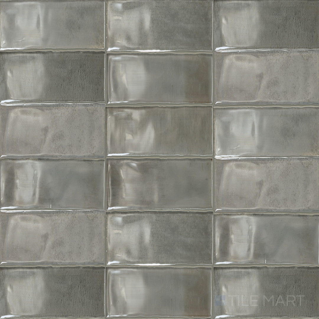 Shown as a complete tile, the Mesmerist Charm 3x6 glossy glazed ceramic subway tile features a classic rectangular format