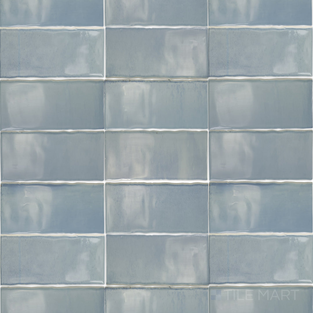 This image highlights the Mesmerist Whimsy 3x6 glossy glazed ceramic subway tile displayed as a full product overview