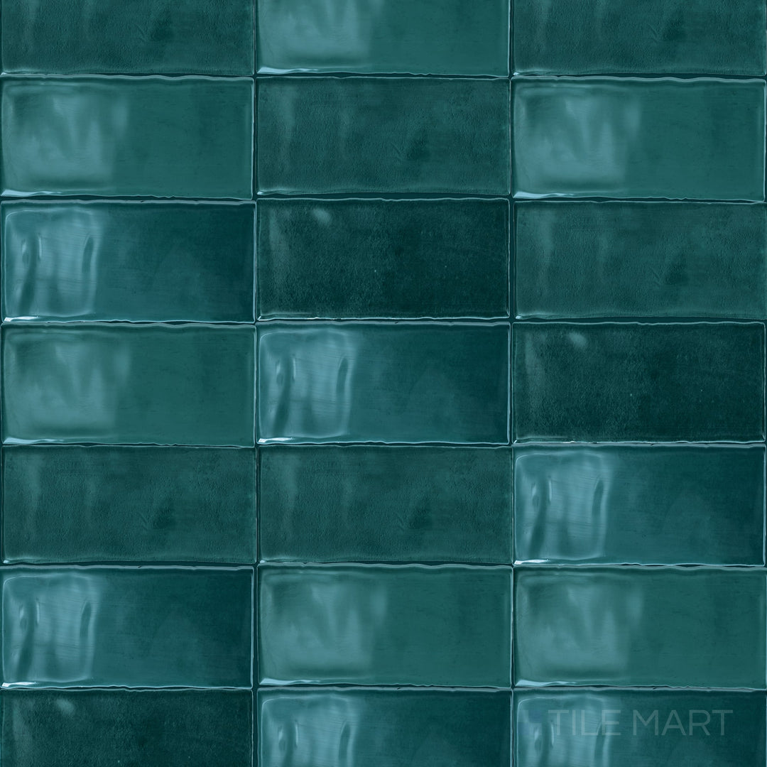 Flat-lay view of the Mesmerist Mystique 3x6 glossy glazed ceramic tile, showcasing its vibrant tone and smooth, glossy sheen.