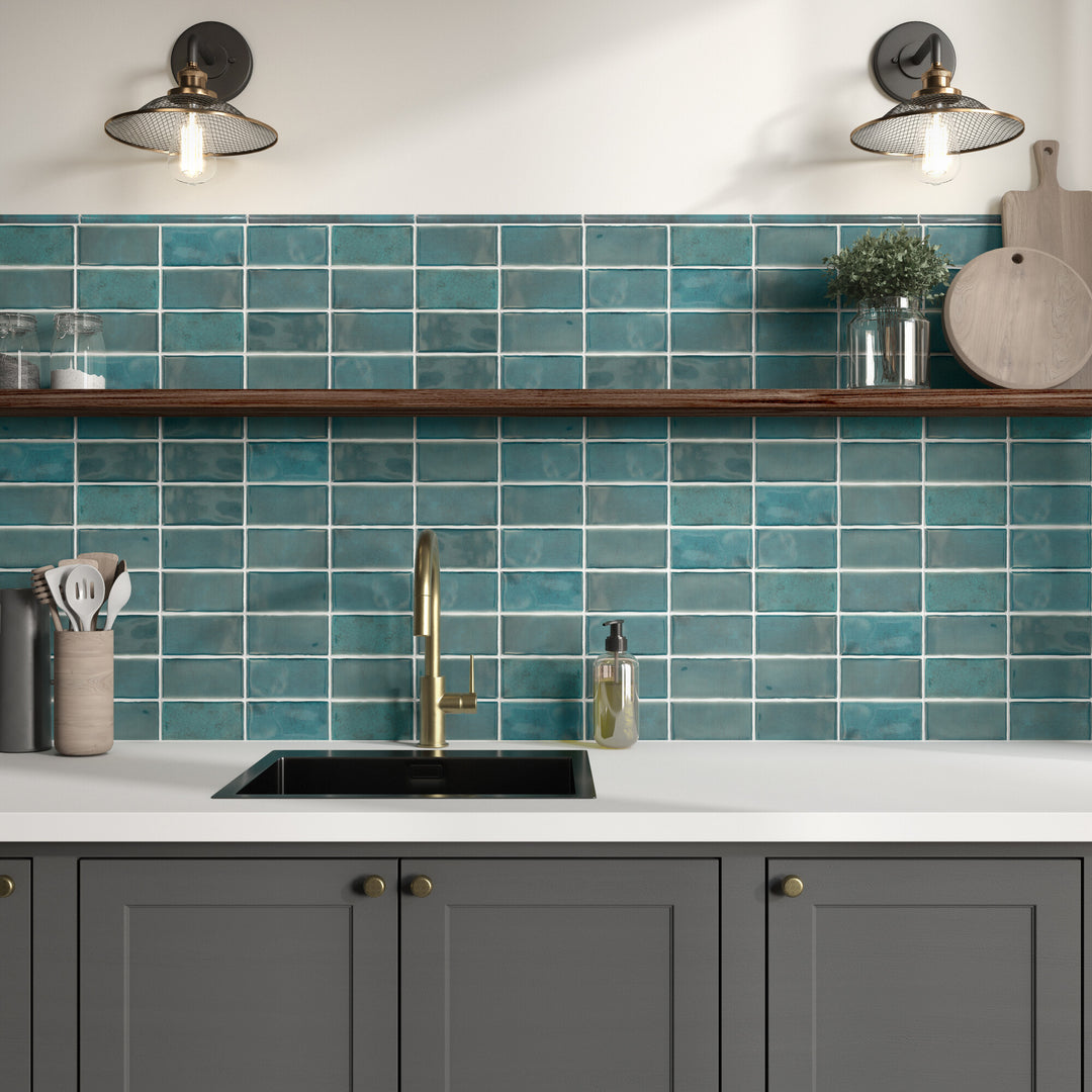 Roomscene displaying Mesmerist Mystique 3X6 Glossy Glazed Ceramic, a luminous, reflective surface that enhances any space.