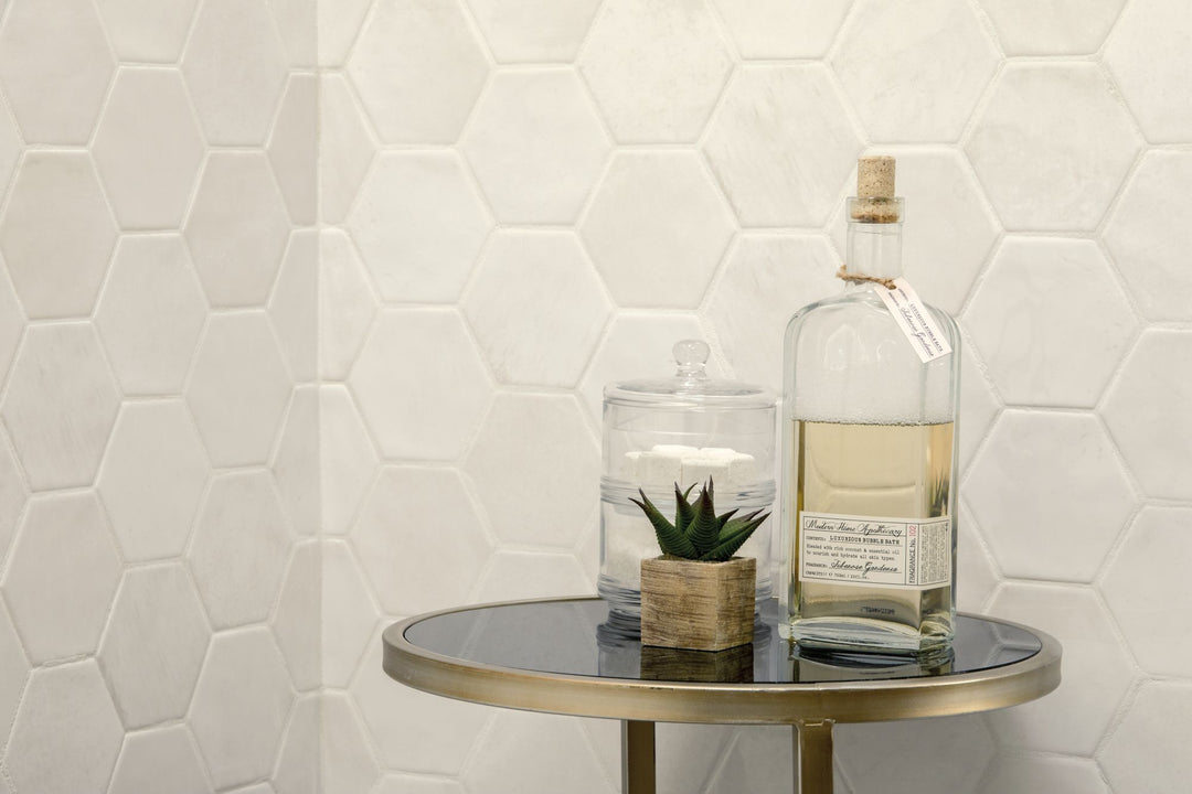 Mesmerist Spirit 4" hex glossy glazed ceramic tile featured in a designer scene, offering a geometric twist with a polished, eye-catching finish.