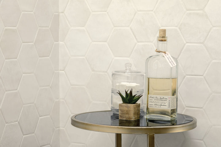 Mesmerist Spirit 4" hex glossy glazed ceramic tile featured in a designer scene, offering a geometric twist with a polished, eye-catching finish.
