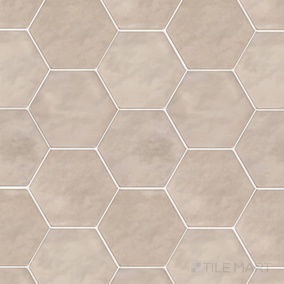 Displayed as a complete tile, the Mesmerist Trance 4 inch hex glossy glazed ceramic tile highlights its geometric shape and smooth finish