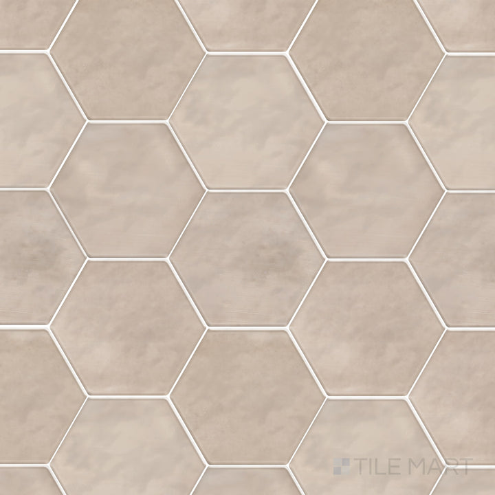 Displayed as a complete tile, the Mesmerist Trance 4 inch hex glossy glazed ceramic tile highlights its geometric shape and smooth finish