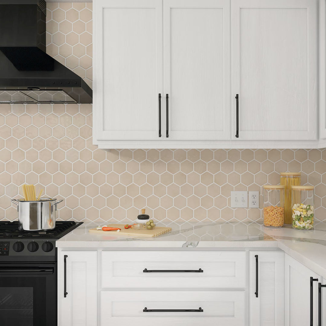 Roomscene featuring Mesmerist Trance 4" Hex Glossy Glazed Ceramic, showcasing modern hexagonal shapes with a sleek, polished look.