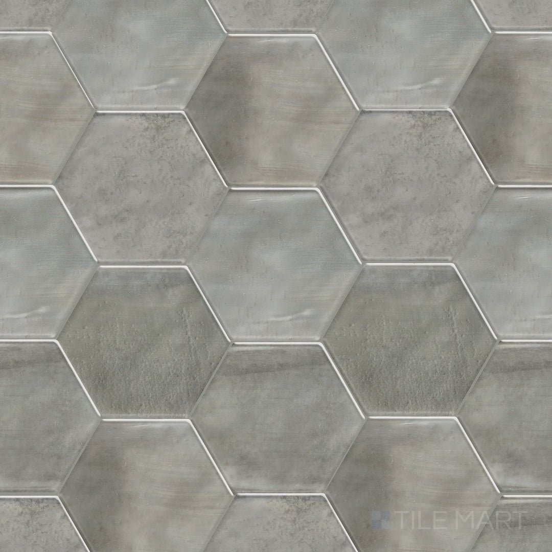 This image presents the Mesmerist Charm 4 inch hex glossy glazed ceramic tile shown as a full product overview