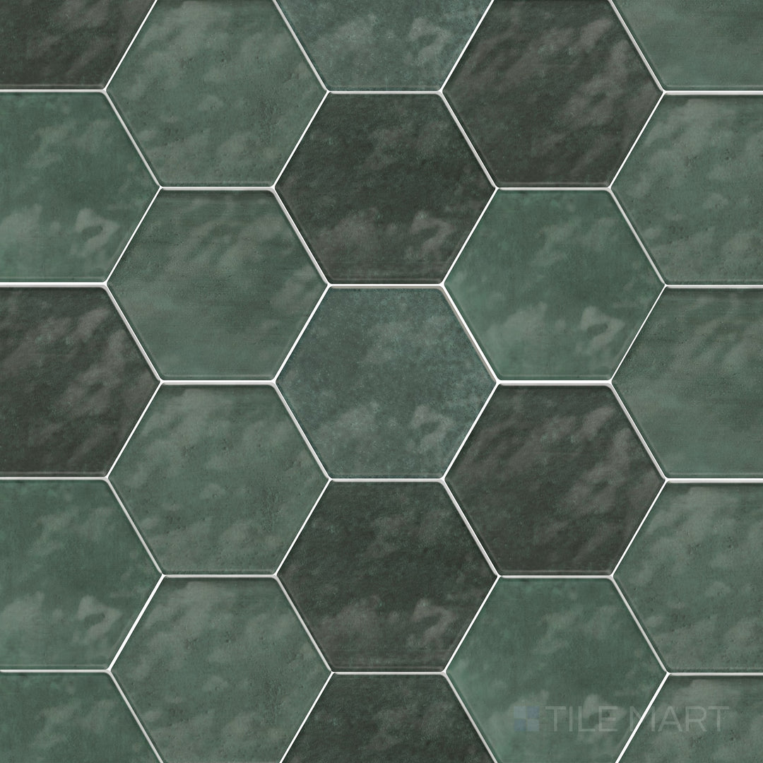 Shown in its entirety, the Mesmerist Allure 4 inch hex glossy glazed ceramic tile features a clean hexagon design with a glossy surface