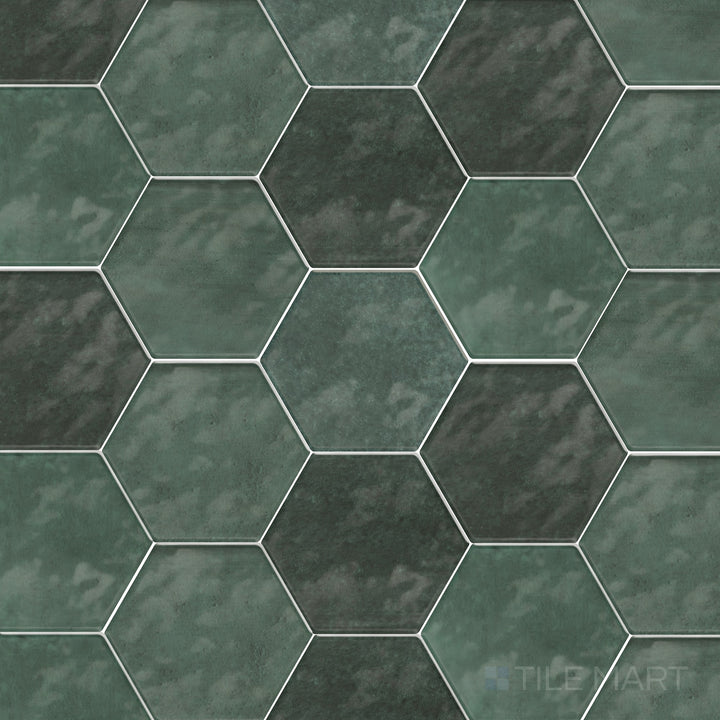 Shown in its entirety, the Mesmerist Allure 4 inch hex glossy glazed ceramic tile features a clean hexagon design with a glossy surface