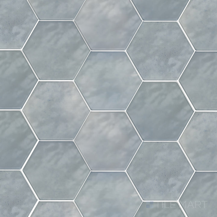 A clear product overview of the Mesmerist Whimsy 4 inch hex glossy glazed ceramic tile in a timeless hex shape