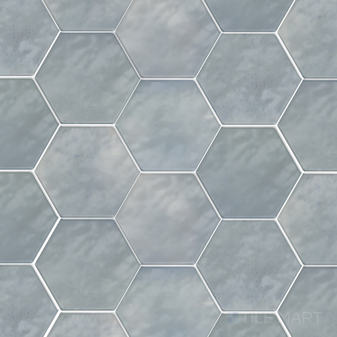A clear product overview of the Mesmerist Whimsy 4 inch hex glossy glazed ceramic tile in a timeless hex shape