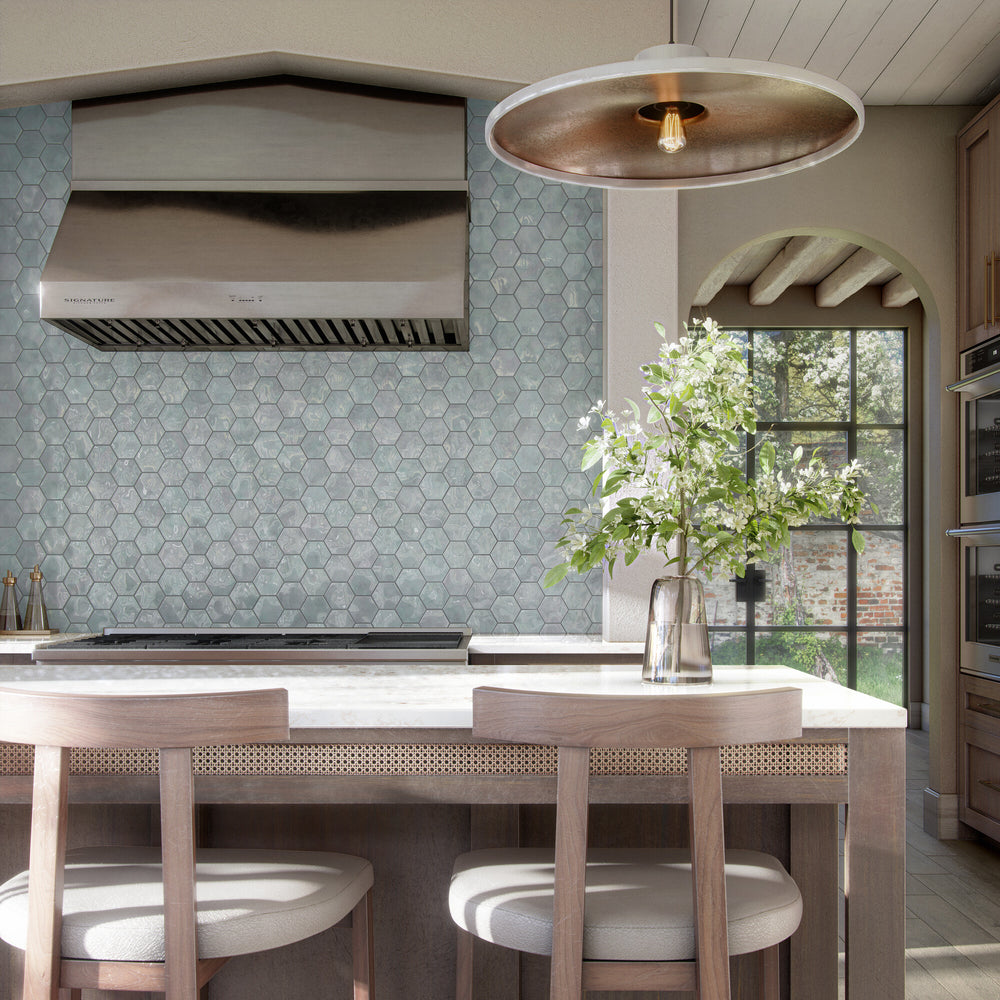 Playful hexagon shapes with a sleek glossy glaze create a unique and eye-catching aesthetic.