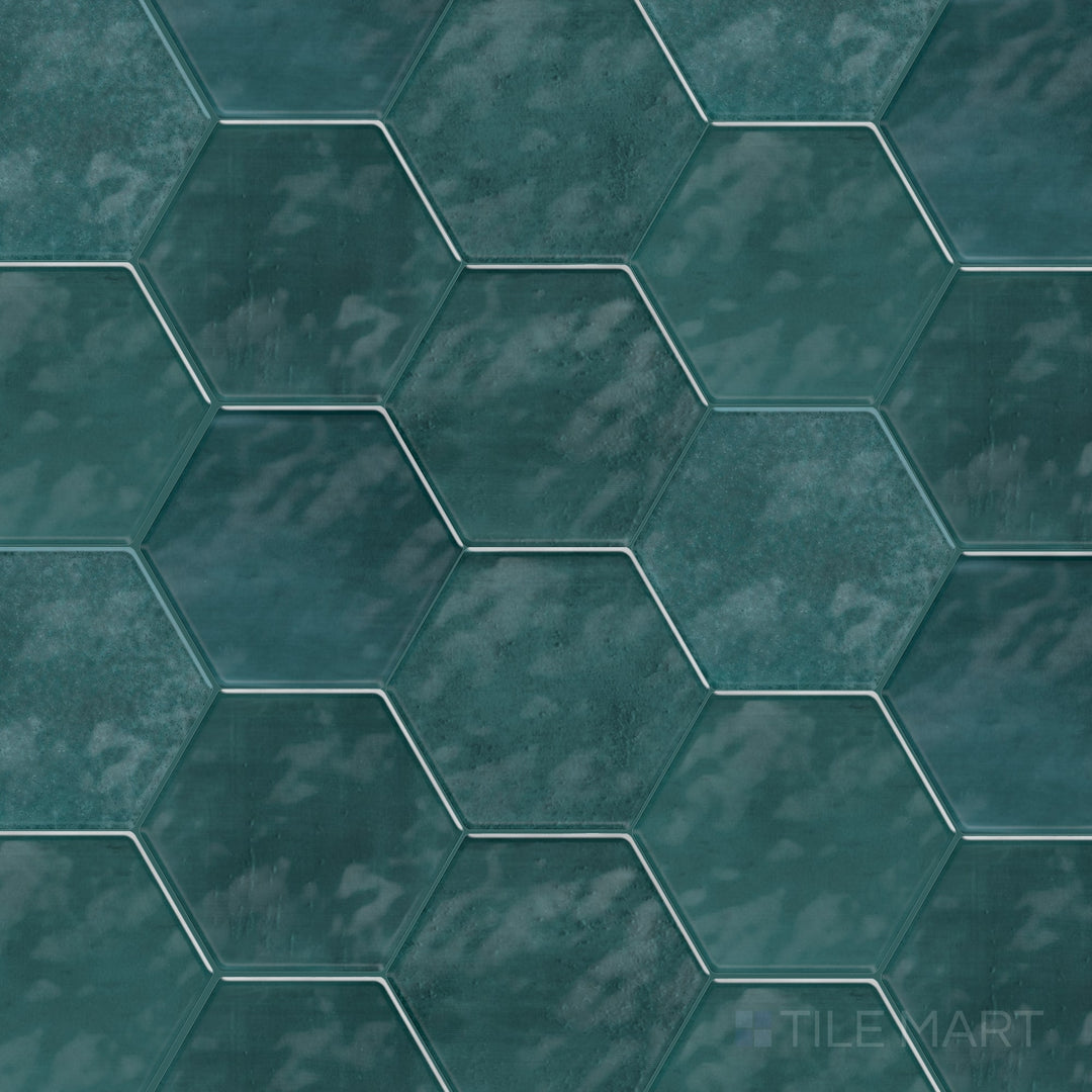 The Mesmerist Mystique 4 inch hex glossy glazed ceramic tile is shown as a full product view emphasizing its hexagon form and glossy glaze